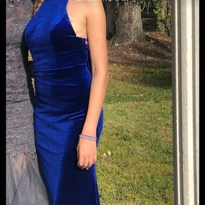 Blue velvet, floor length prom dress